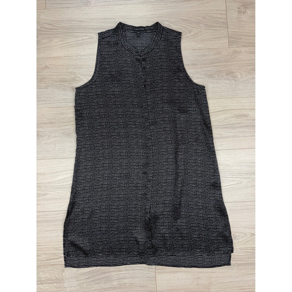 Eileen Fisher Womens Silk Sleeveless Tunic Top Black White Dotted Print Small